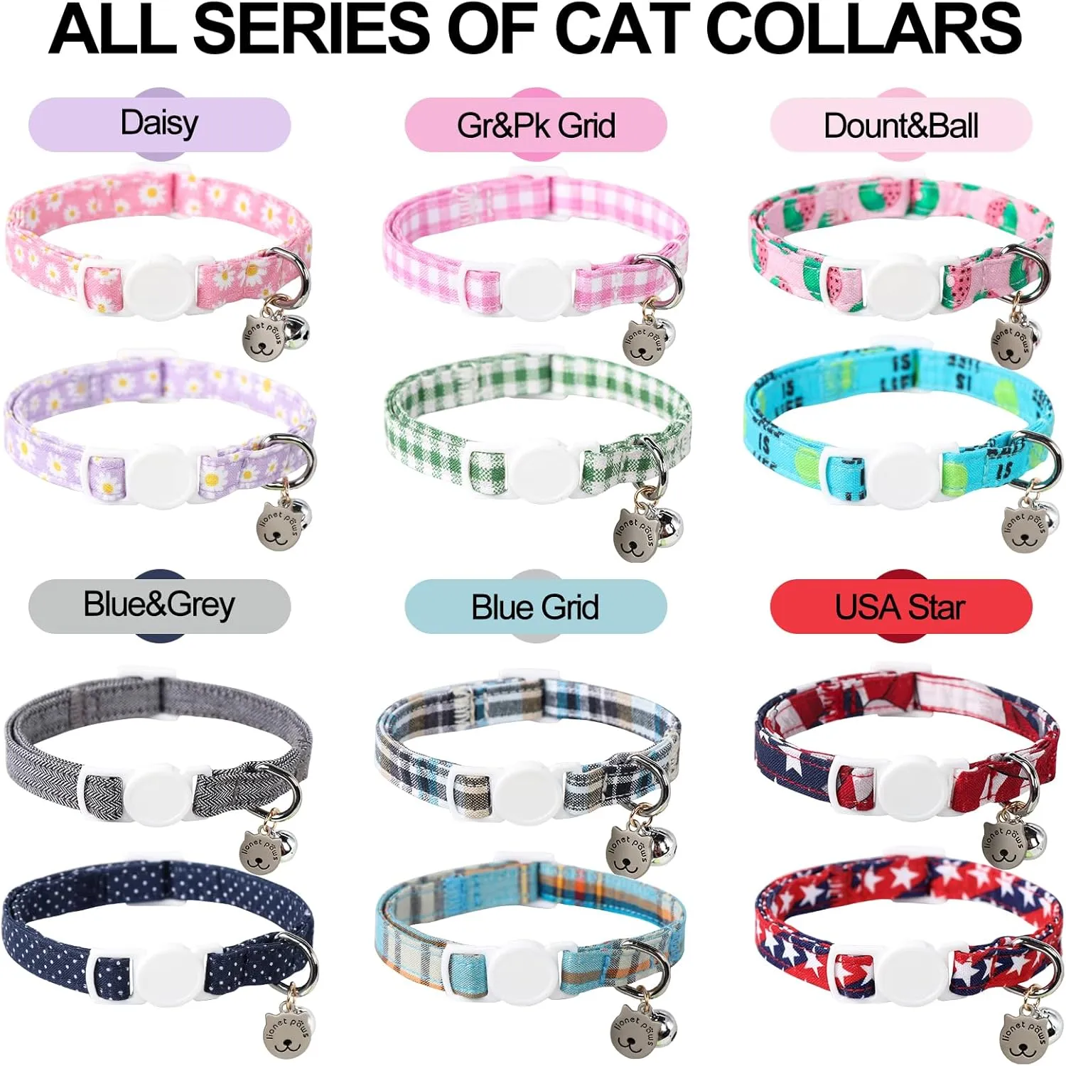 Lionet Paws 2pcs Pack Cotton Cat Collar,Breakaway Buckle with Green Pink Grid and Brand Pendant Cute Adjustable Cat Kitten Collar,Ideal for Girl Cats Boy Cats