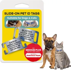 LuckyPet Slide-On Pet ID Tags - Dog Tags Personalized - Durable Engraved Stainless Steel Pet Name Tags - Noiseless Dog Tag - Suitable for Dogs and Cats - Fits 3/4 in Collars - Medium Plus, Open Ends