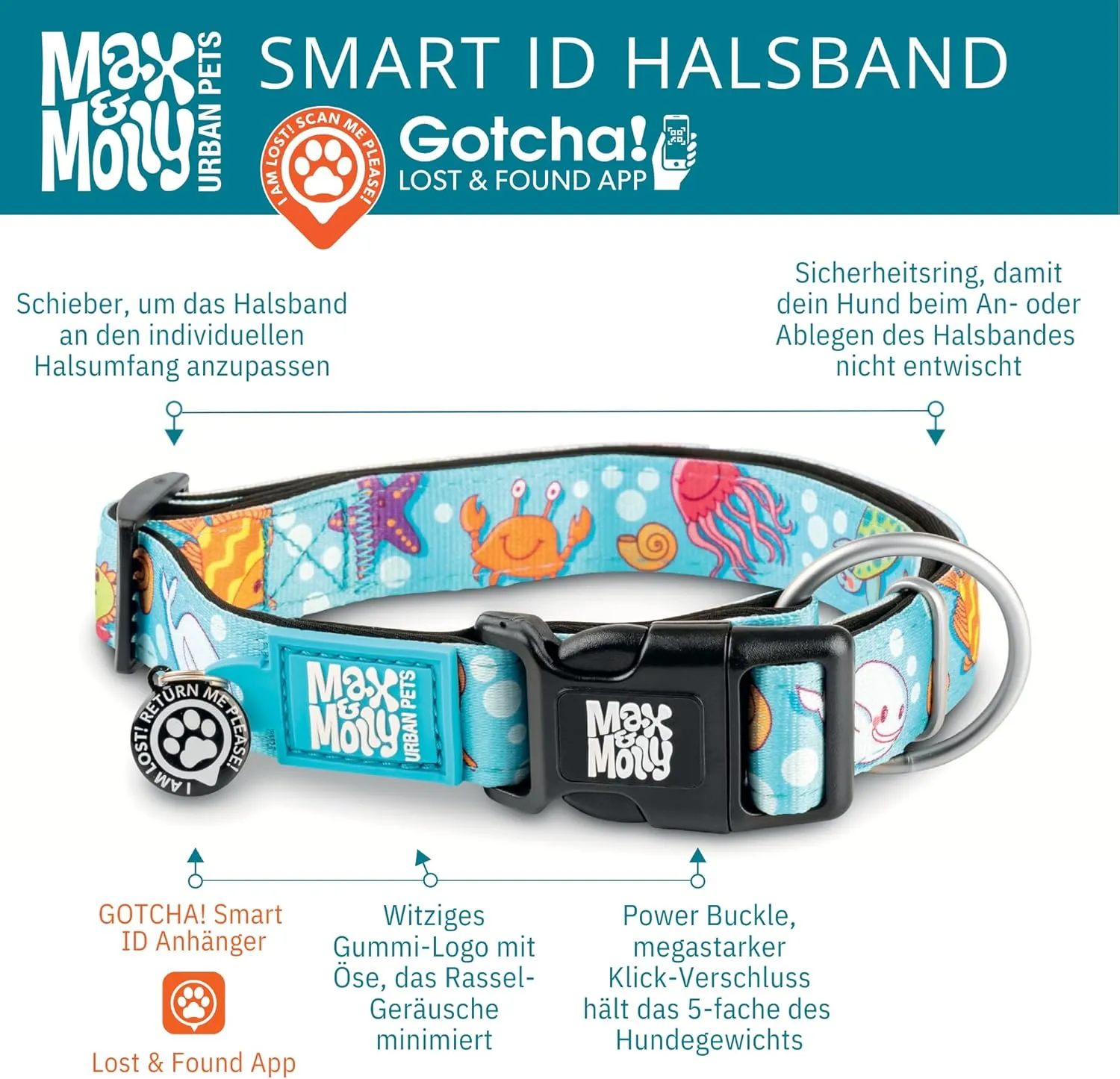 Max & Molly Smart ID Dog Collar with Gotcha! QR Safety Tag and Custom Pet Profile, Soft Padded Neoprene, Waterproof, Tropical, Large (15-25")