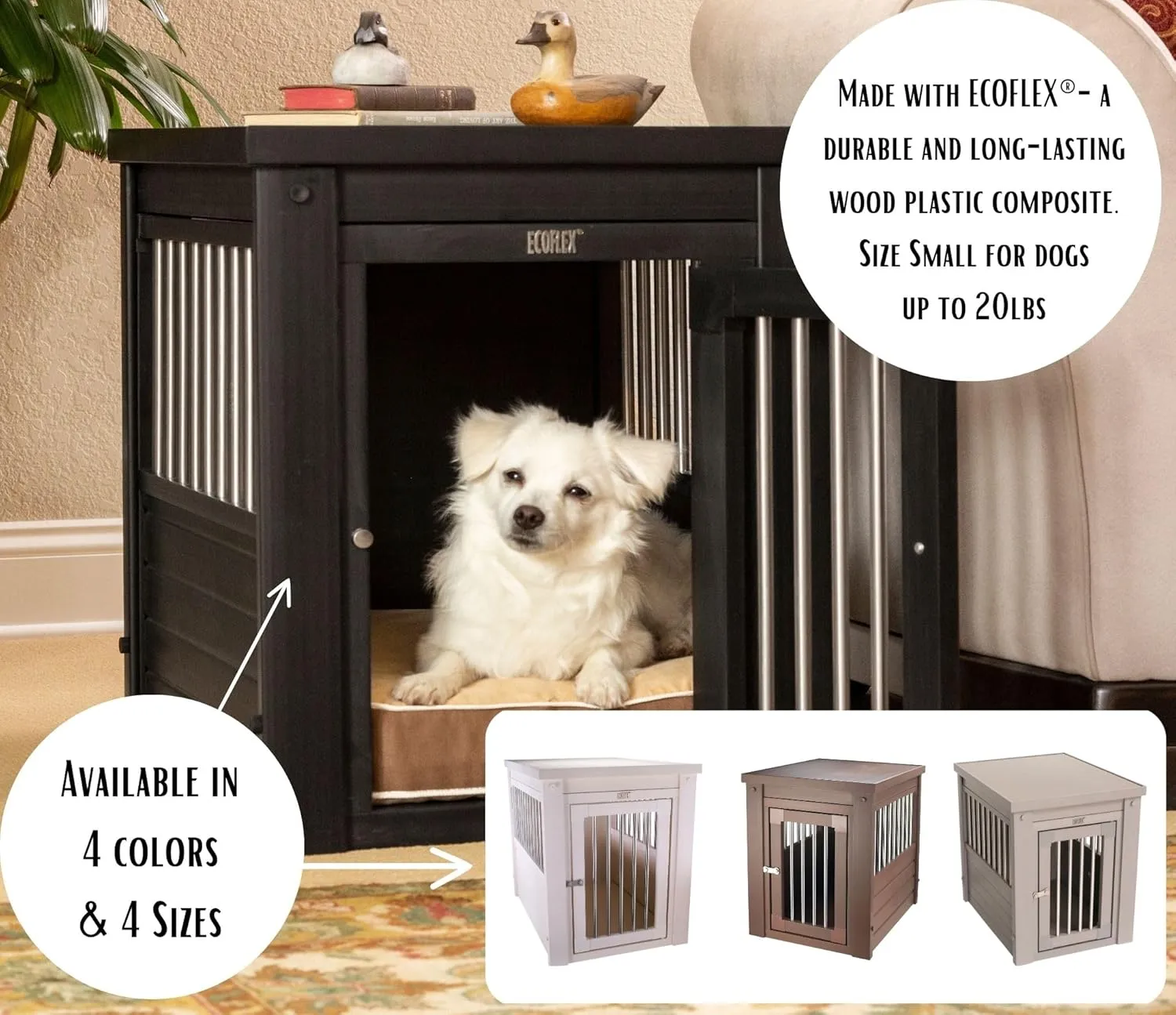 New Age Pet ECOFLEX Dog Crate End Table - Furniture-Style Pet Crate for Crate Trained Dogs - Stainless Steel Tubing & a Latched Closure - 10 Year Manufacturer's Warranty, Small