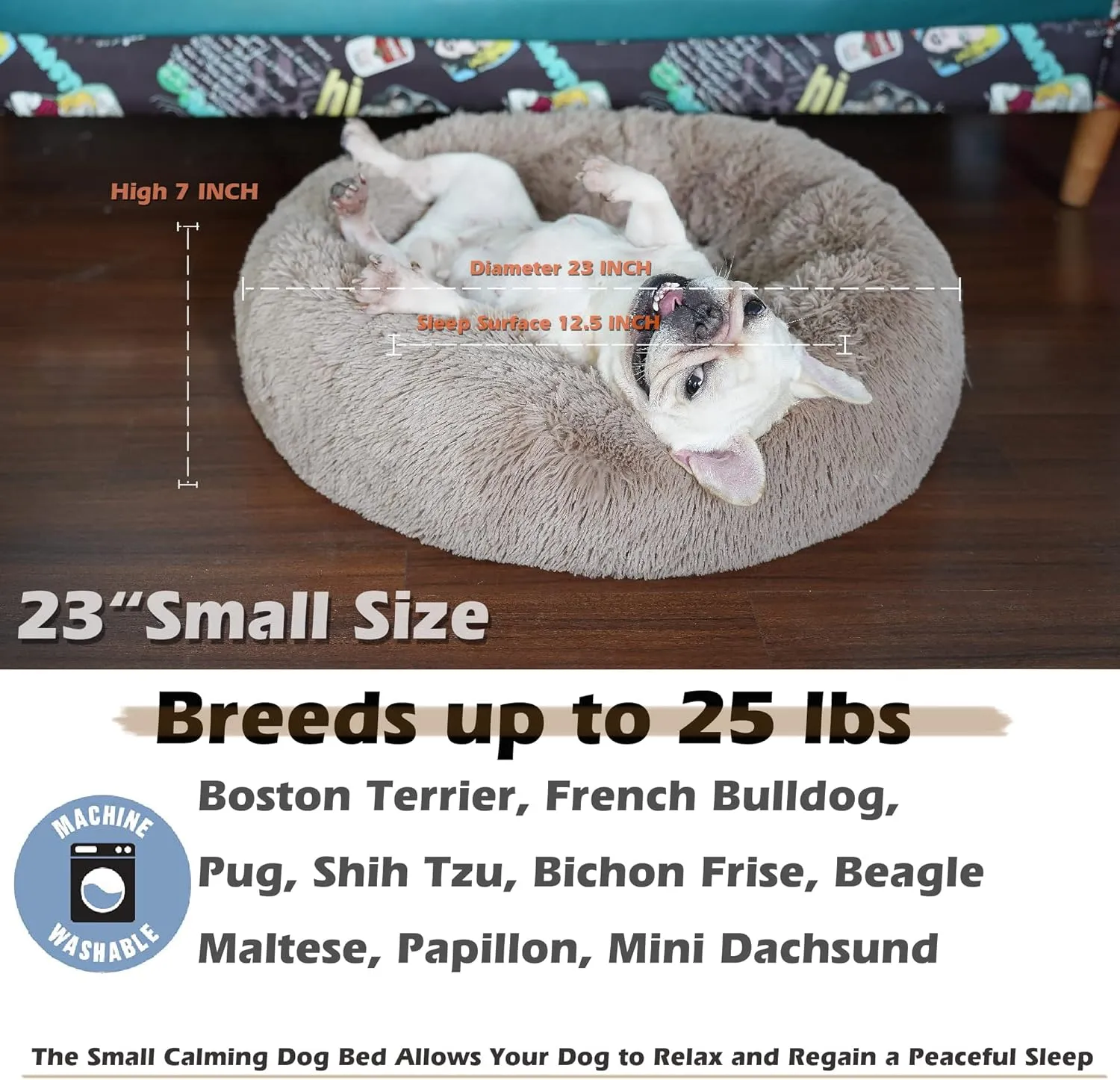 nononfish Puppy Beds for Small Dogs Washable - 23 Inches Round Faux Fur Pet Bed for Puppy and Cat Donut Fluffy Plush Orthopedic Doggy Beds Relief Improved Sleeping,Camel