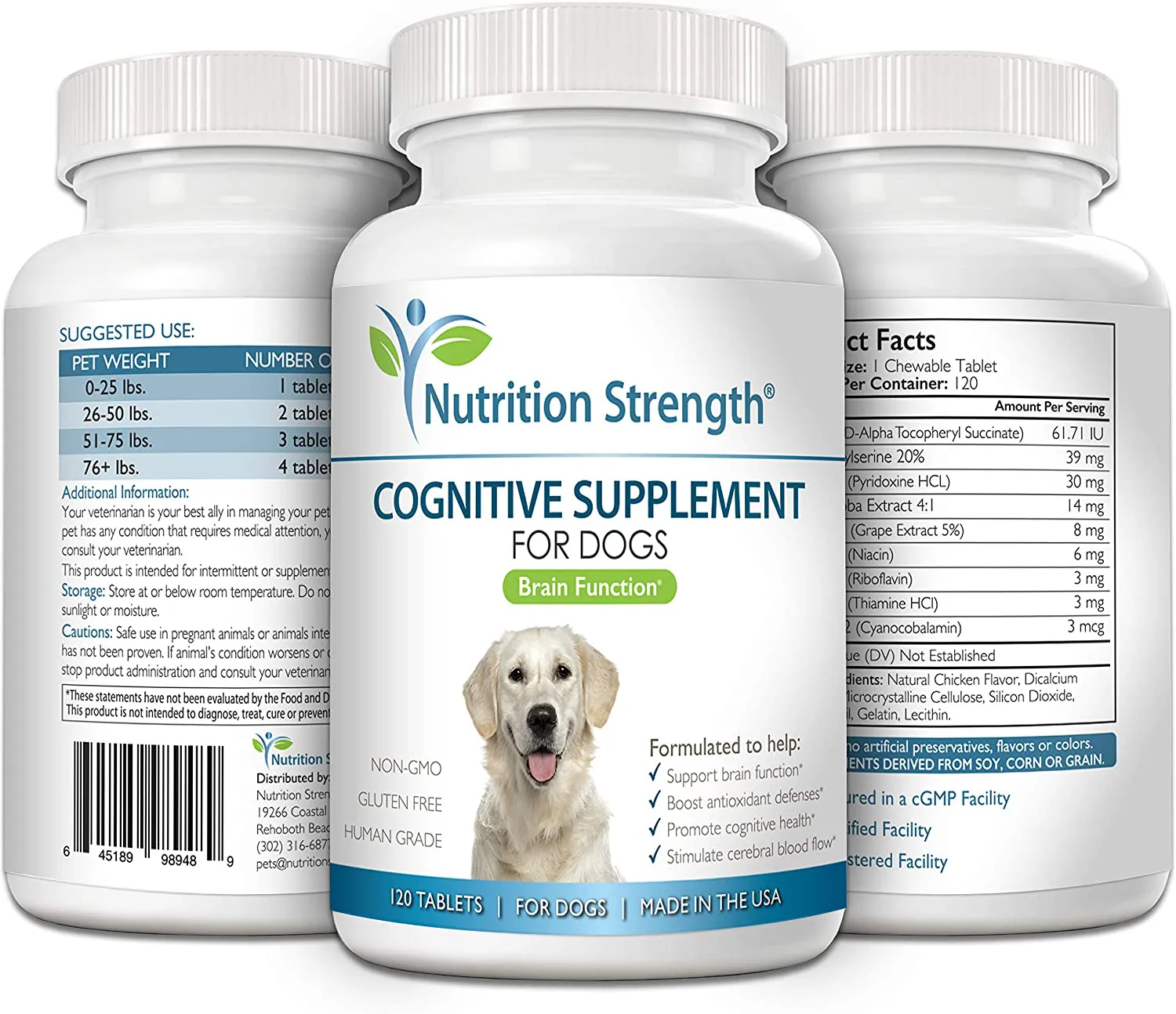 Nutrition Strength Cognitive Support for Dogs, Promotes Dog Brain Health, Mental Support for Old Dogs, Supplement for Dogs with Cognitive Difficulties, 120 Chewable Tablets