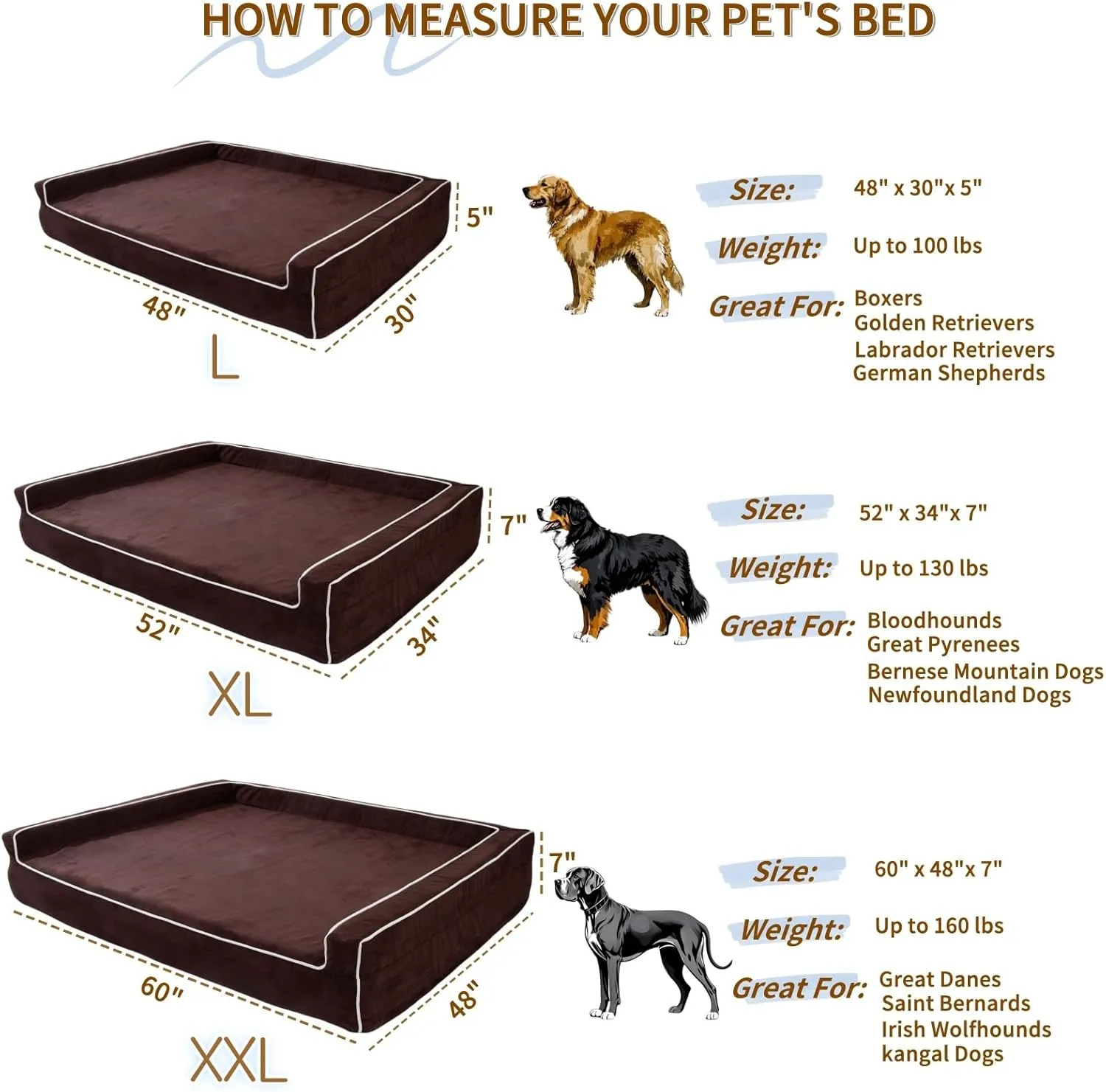 Orthopedic Foam Dog Beds for XL Dogs Up to 130 lbs, XL Dog Couch with Bolster, Washable Pet Bed Sofa with Removable All-Over Water-Resistant Cover & Non-Slip Bottom(X-Large, Chocolate)