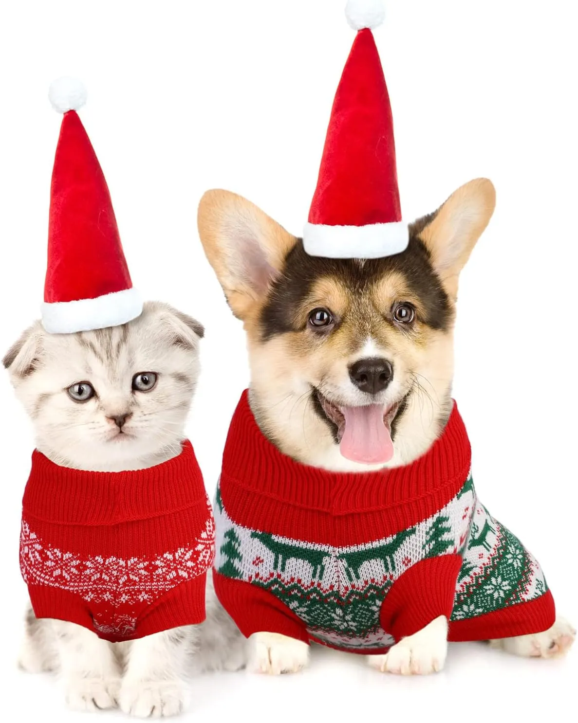 Pedgot 2 Pack Christmas Pet Sweaters Xmas Dog Holiday Sweaters Funny Pet Costume Christmas Pet Warm Clothes Reindeer, Christmas Tree, Snowflake Knitwear for Cats or Dogs (Large)
