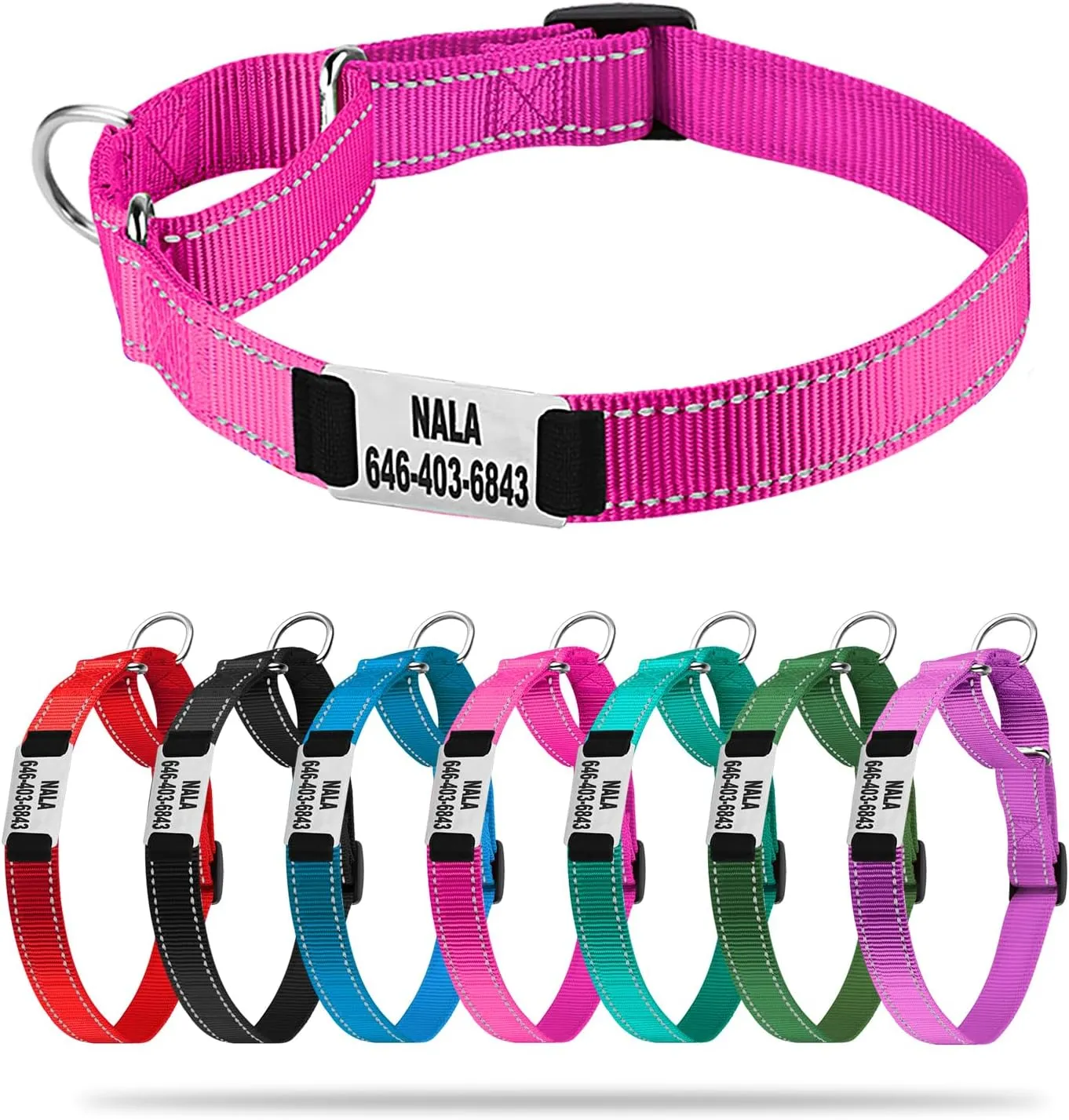 Personalized Martingale Dog Collar-Reflective Martingale Dog Collars, Custom Training Martingale Dog Collars Engraved with Name and Phone Number for Small Medium Large Dogs