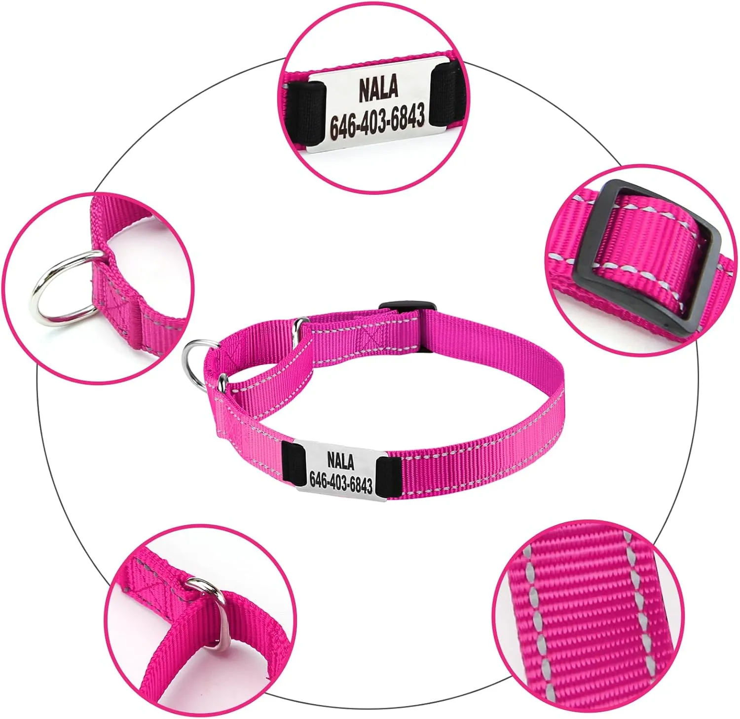 Personalized Martingale Dog Collar-Reflective Martingale Dog Collars, Custom Training Martingale Dog Collars Engraved with Name and Phone Number for Small Medium Large Dogs