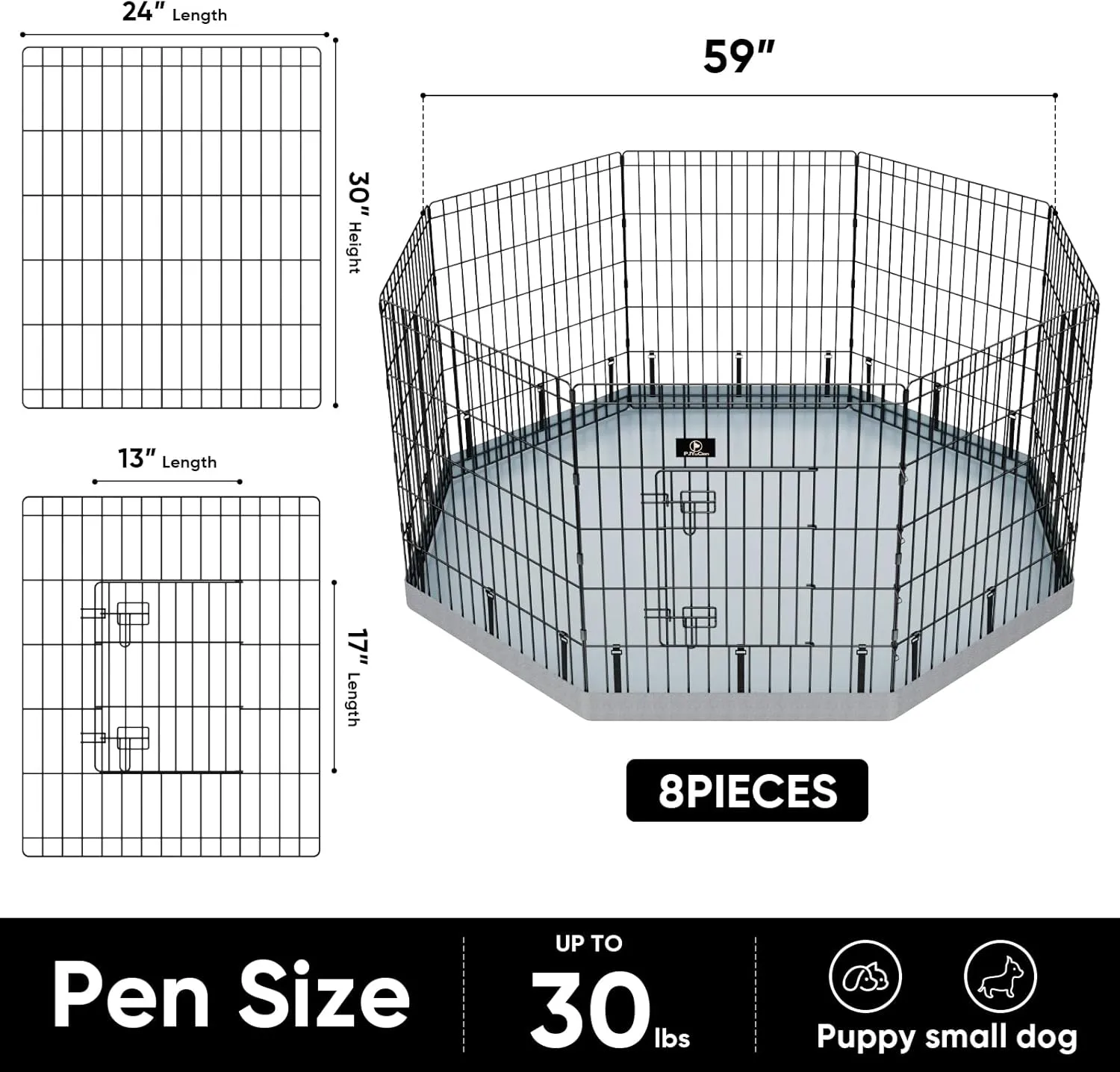 PJYuCien Dog Playpen, 8 Panels 30H Dog Pens Indoor with Bottom Pad, Metal Foldable Pet Puppy Exercise Fence Crate Kennel, Better for Small Animals,Grey