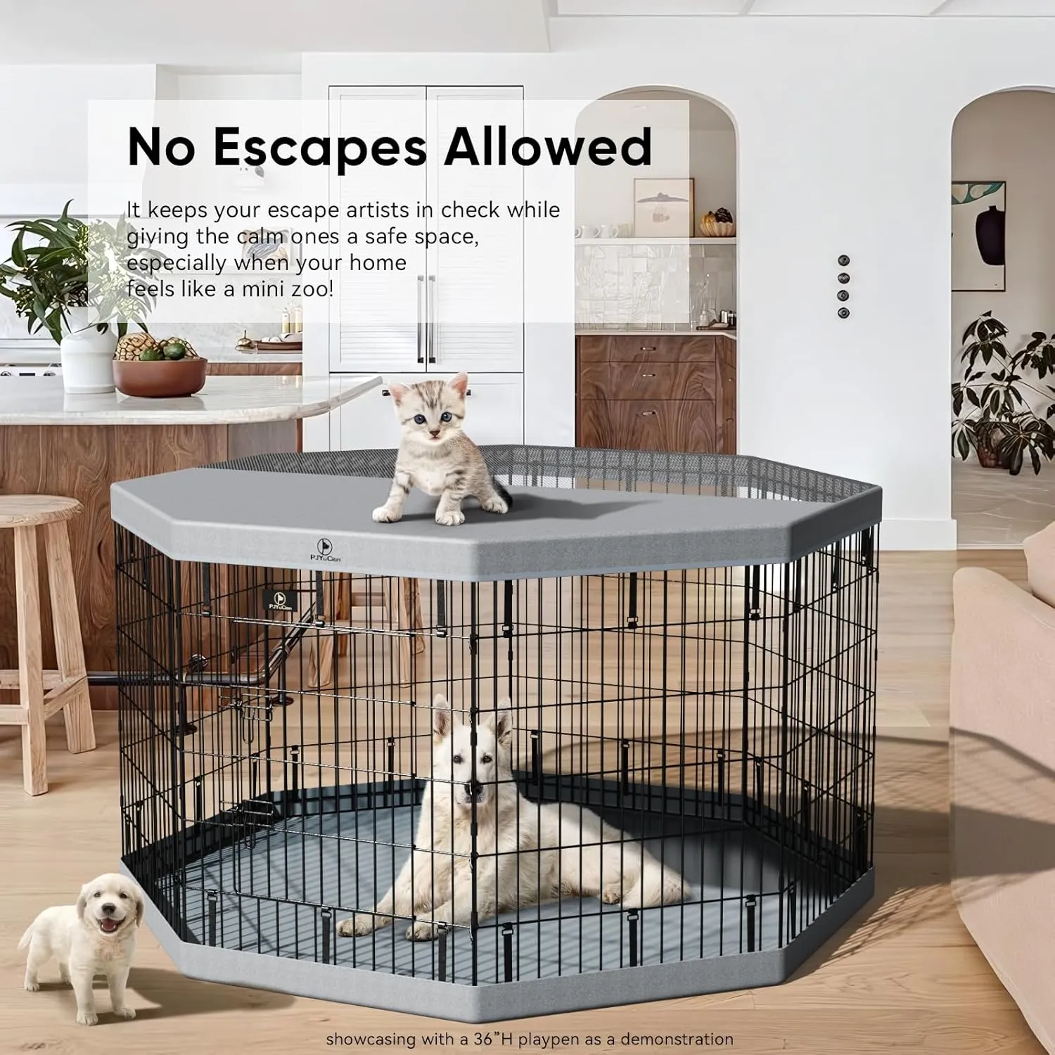 PJYuCien Dog Playpen, 8 Panels 30H Dog Pens Indoor with Bottom Pad, Metal Foldable Pet Puppy Exercise Fence Crate Kennel, Better for Small Animals,Grey