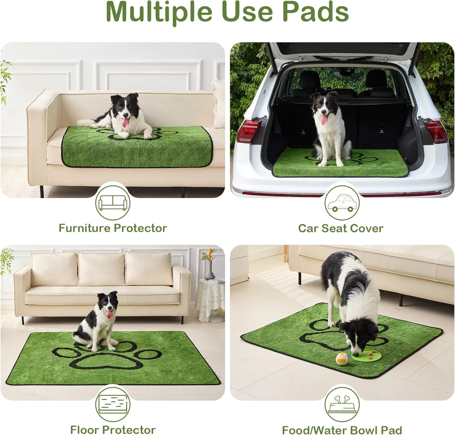 Qeils Washable Pee Pads for Dogs, 2 Pack Super Absorbent Reusable Puppy Pads with Green Long Wool for Potty Training, Floor, Couch, Bed, and Crate,24"x 36"