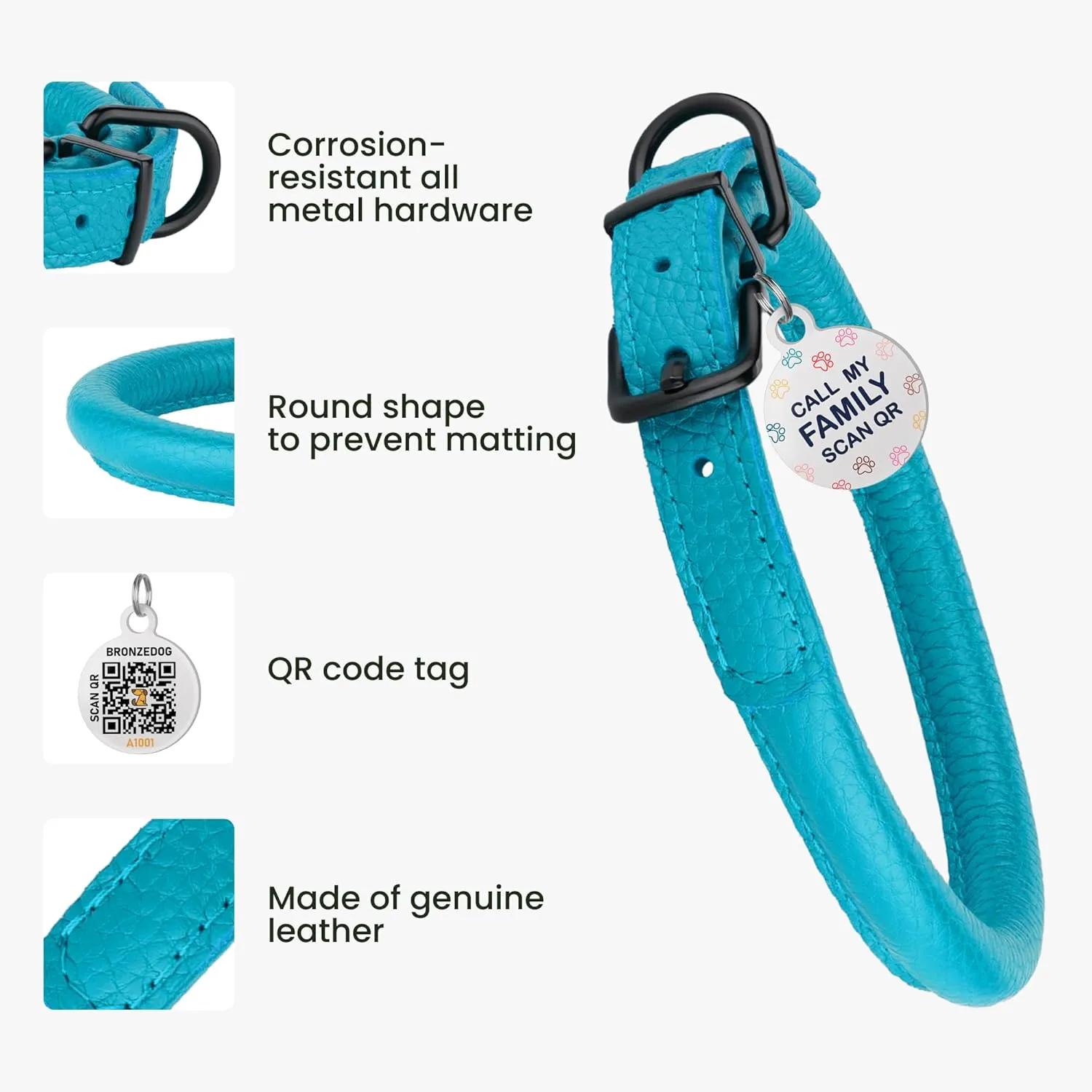 Rolled Leather Dog Collar Soft Round Collars, ID Tag for Small Medium Large Dogs (9-12 inch, Aqua Blue)