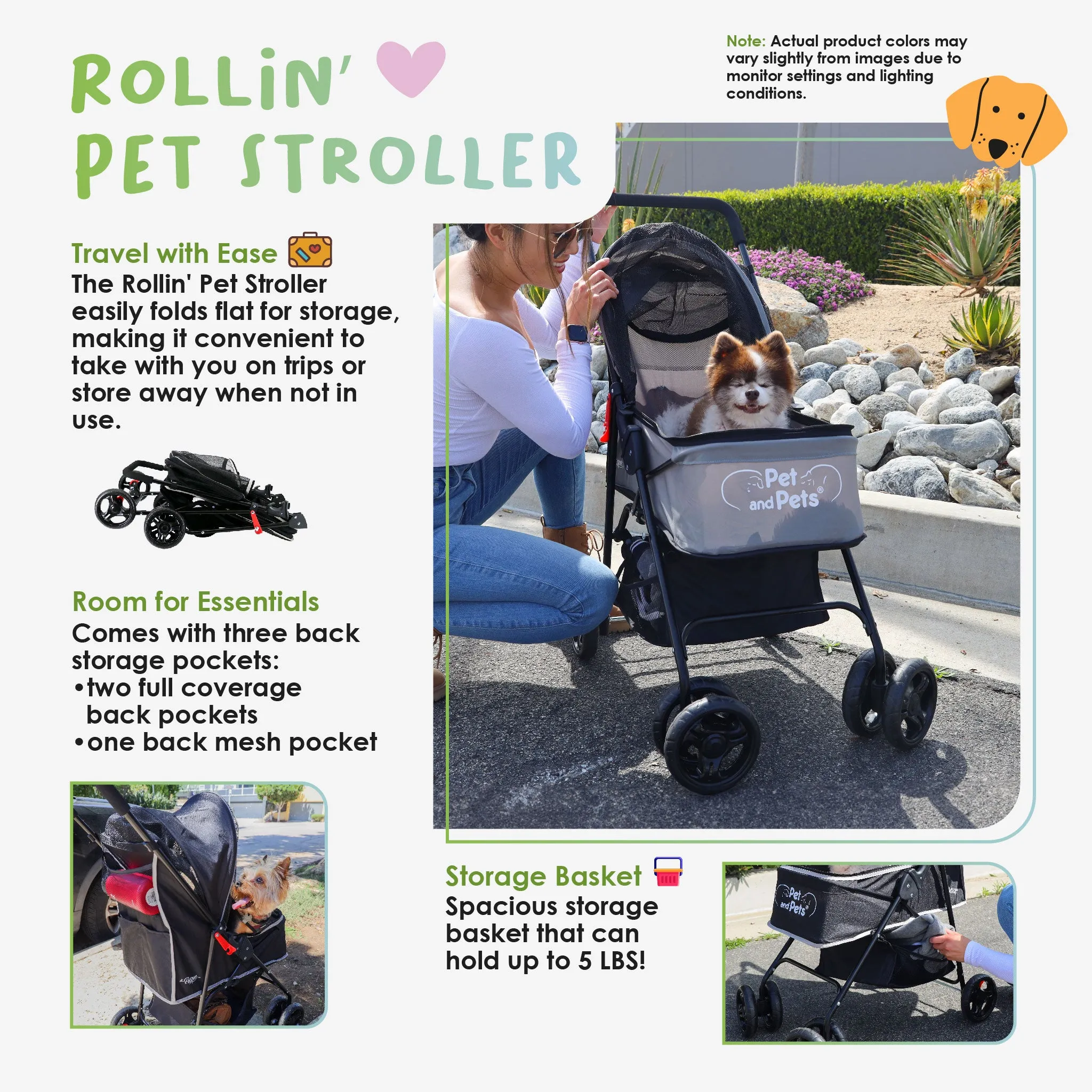 Rollin' Pet Stroller - Lightweight, Compact, Easy Fold, Quality Mesh Windows, Comfortable Handle, Durable for Dogs/Cats/Pets up to 33LB