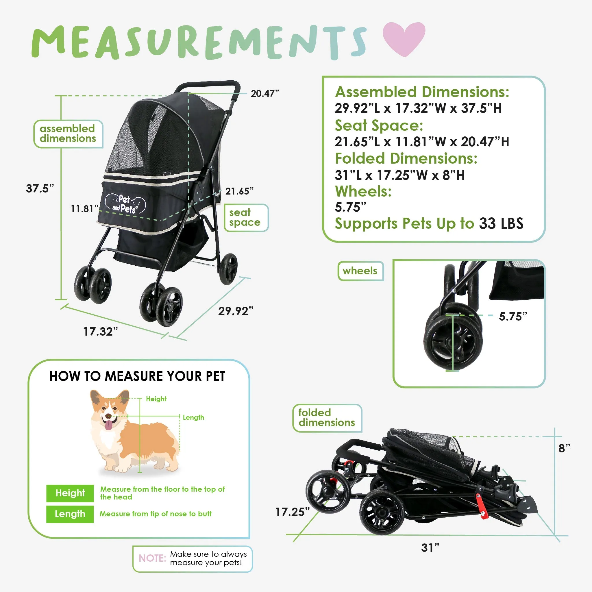 Rollin' Pet Stroller - Lightweight, Compact, Easy Fold, Quality Mesh Windows, Comfortable Handle, Durable for Dogs/Cats/Pets up to 33LB