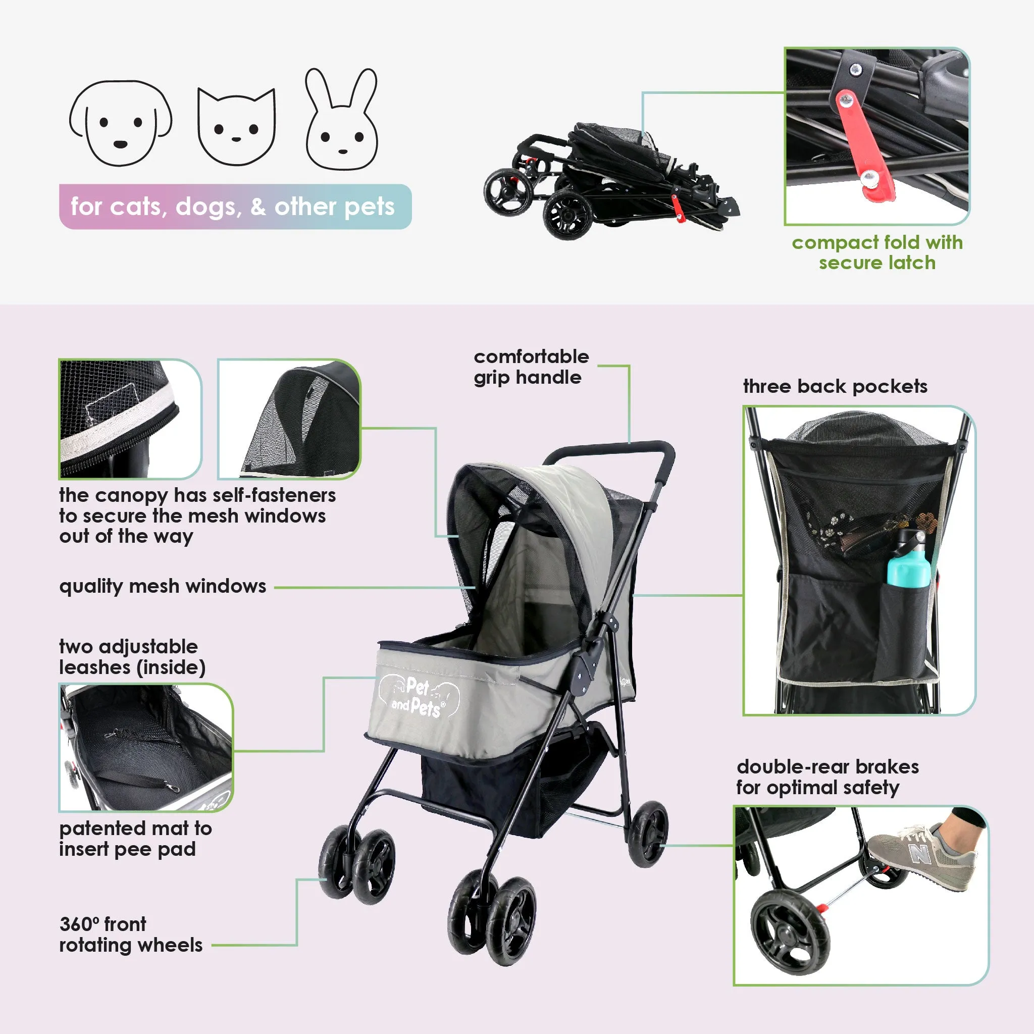Rollin' Pet Stroller - Lightweight, Compact, Easy Fold, Quality Mesh Windows, Comfortable Handle, Durable for Dogs/Cats/Pets up to 33LB