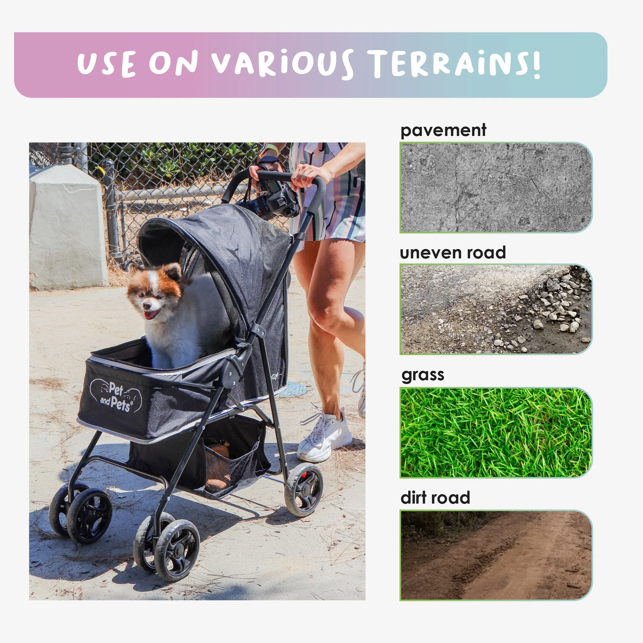 Rollin' Pet Stroller - Lightweight, Compact, Easy Fold, Quality Mesh Windows, Comfortable Handle, Durable for Dogs/Cats/Pets up to 33LB