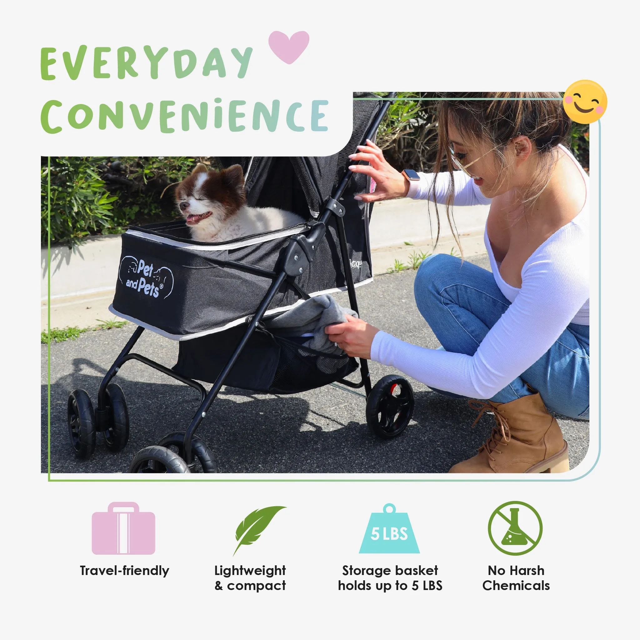 Rollin' Pet Stroller - Lightweight, Compact, Easy Fold, Quality Mesh Windows, Comfortable Handle, Durable for Dogs/Cats/Pets up to 33LB