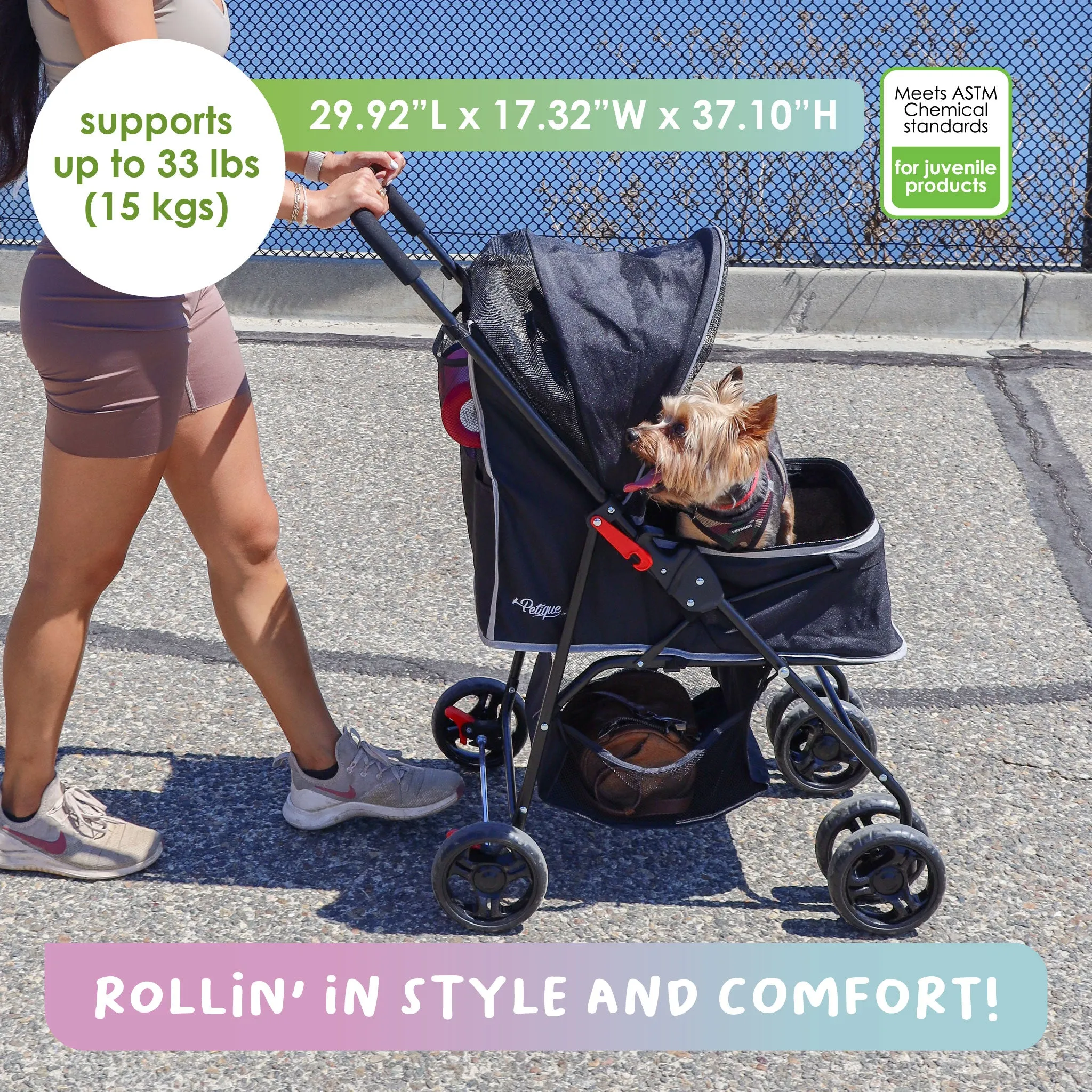 Rollin' Pet Stroller - Lightweight, Compact, Easy Fold, Quality Mesh Windows, Comfortable Handle, Durable for Dogs/Cats/Pets up to 33LB