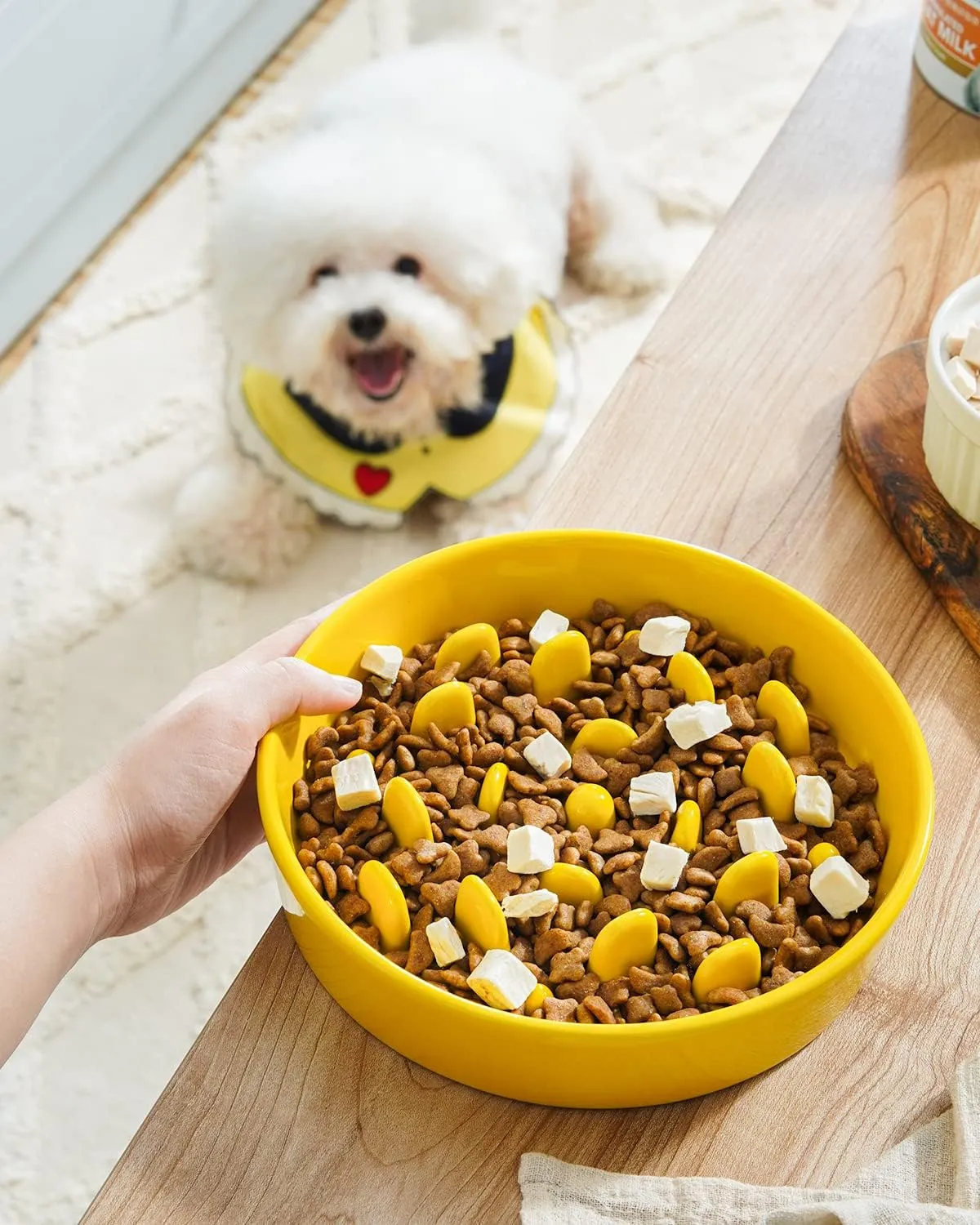 Slow Feeder Dog Bowl Ceramic, 1.5 Cups Dog Bowls to Slow Down Eating Small Medium Breed, Puppy Slow Feeder for Fast Eaters, Puzzle Food Bowl, Maze Bowl, Yellow