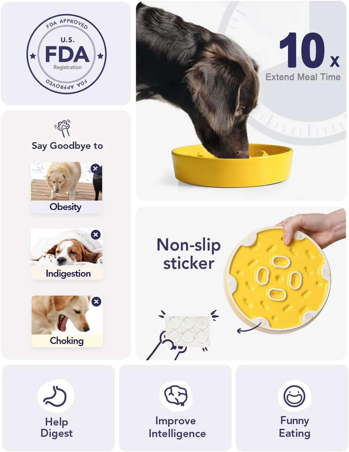 Slow Feeder Dog Bowl Ceramic, 1.5 Cups Dog Bowls to Slow Down Eating Small Medium Breed, Puppy Slow Feeder for Fast Eaters, Puzzle Food Bowl, Maze Bowl, Yellow