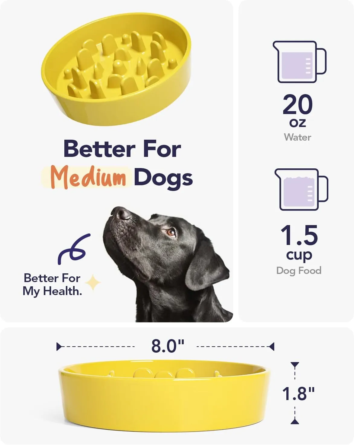 Slow Feeder Dog Bowl Ceramic, 1.5 Cups Dog Bowls to Slow Down Eating Small Medium Breed, Puppy Slow Feeder for Fast Eaters, Puzzle Food Bowl, Maze Bowl, Yellow