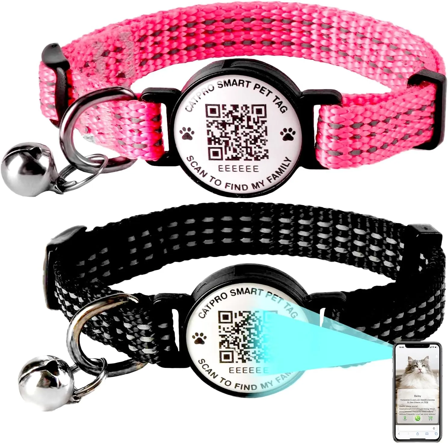 Smart QR Code Pet ID Personalized Tag Cat Collar, Reflective Nylon with Bell, Secure Breakaway, Comfortable, Durable - Suitable for Kittens-Rose&Blue-S