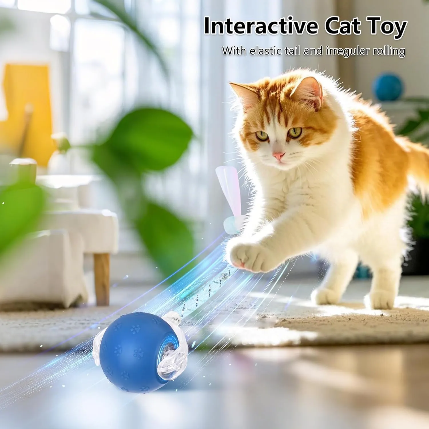 Upgraded Interactive Cat Toy, cat Toys for Indoor Cats, Automatic Kitten Ball with Mesh Elastic Tail, Moving Cat Toy for Bored Indoor Adult Cats, Motion Activated