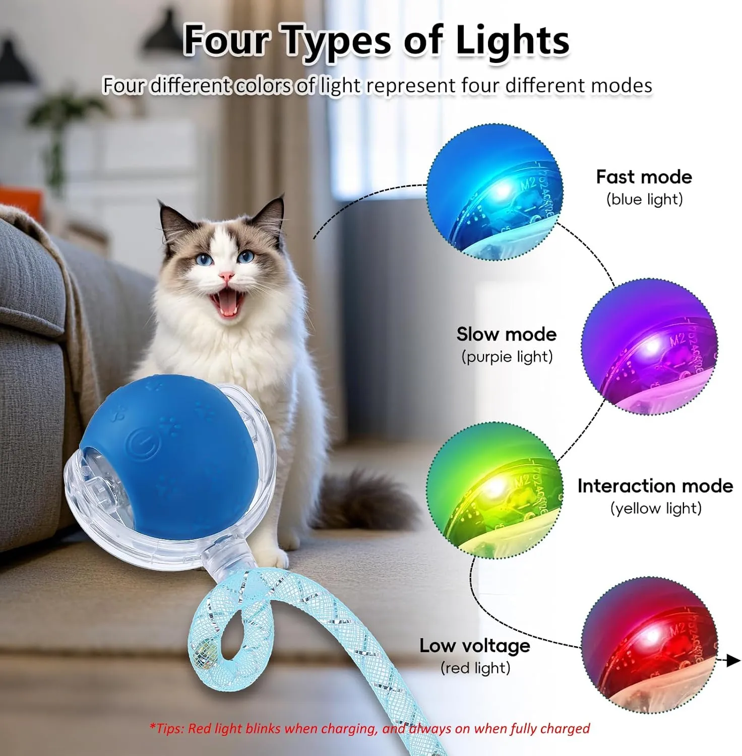 Upgraded Interactive Cat Toy, cat Toys for Indoor Cats, Automatic Kitten Ball with Mesh Elastic Tail, Moving Cat Toy for Bored Indoor Adult Cats, Motion Activated