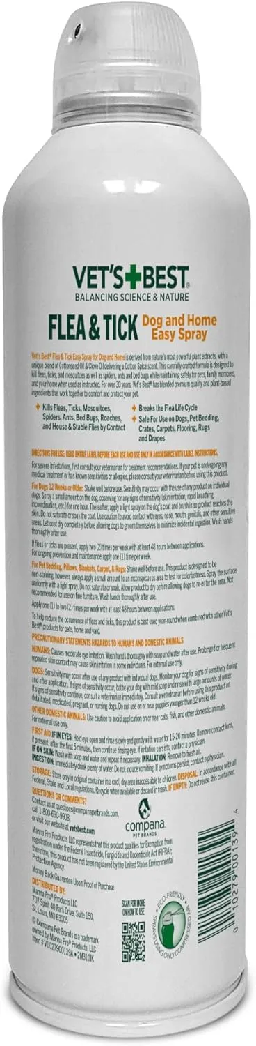 Vet's Best Flea & Tick Dog Easy Spray, Cotton Spice Scent, Natural Flea & Tick Prevention, Kills Fleas & Ticks for Dogs, 14 oz
