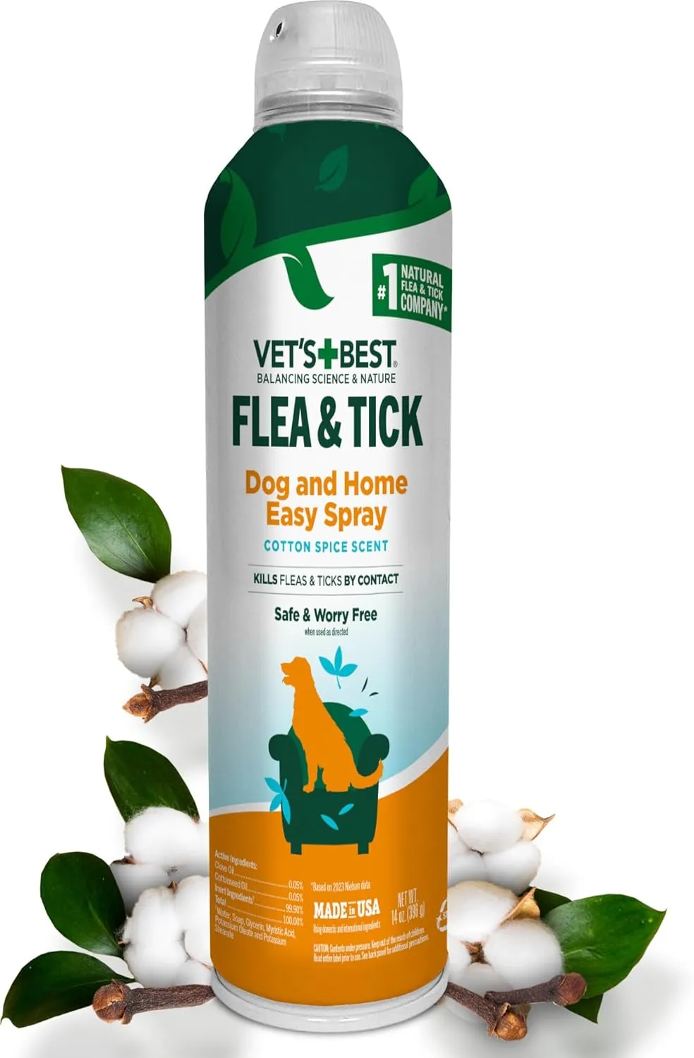 Vet's Best Flea & Tick Dog Easy Spray, Cotton Spice Scent, Natural Flea & Tick Prevention, Kills Fleas & Ticks for Dogs, 14 oz