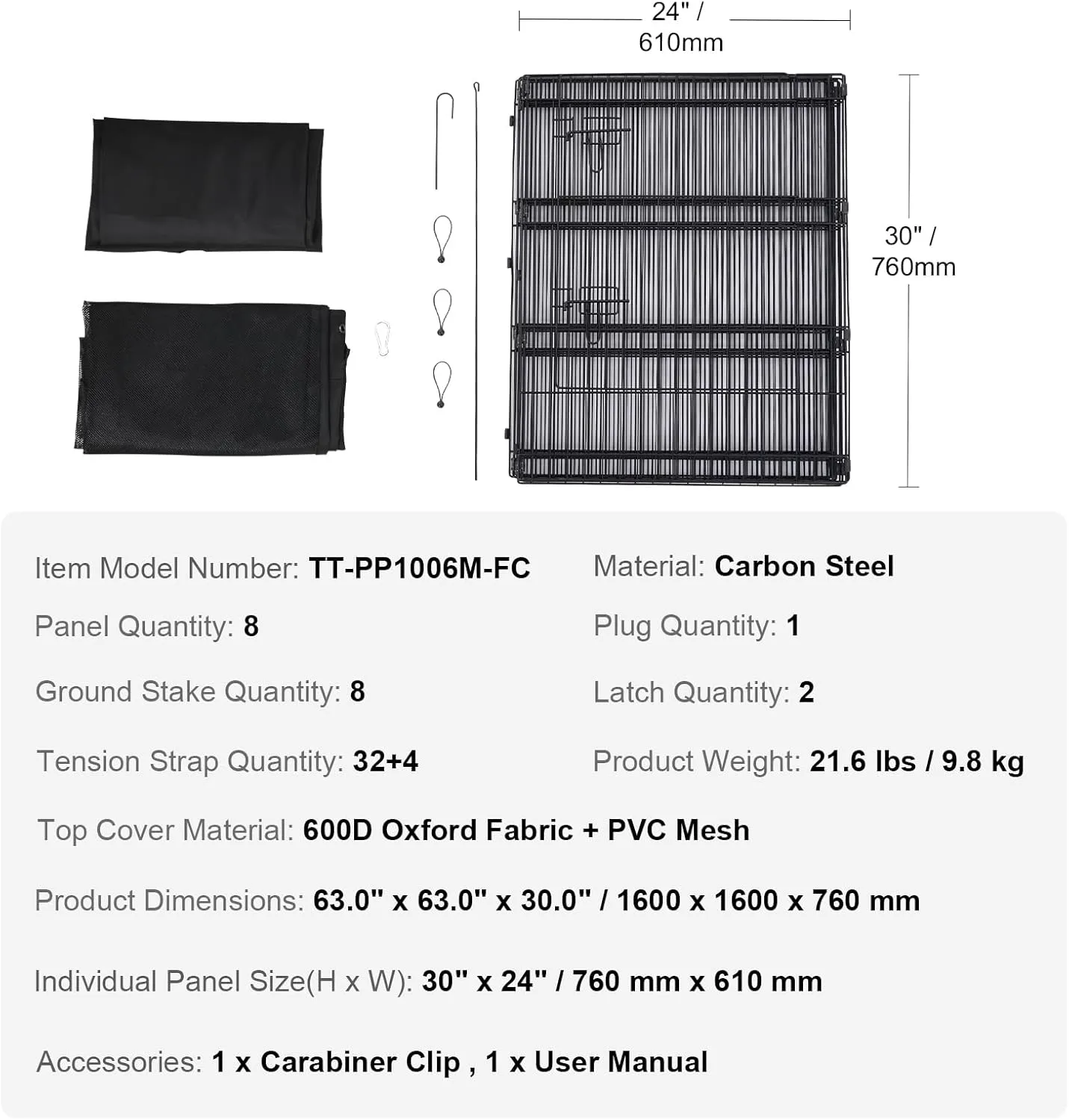 VEVOR Dog Playpen, 8 Pcs 30" H x 24" W Panels Foldable Metal Pet Exercise Pen, Dog Fence Indoor and Outdoor Pen with Door, Bottom Pad and Top Cover, Pet Playpen for Dogs, Cats, Other Small Animals