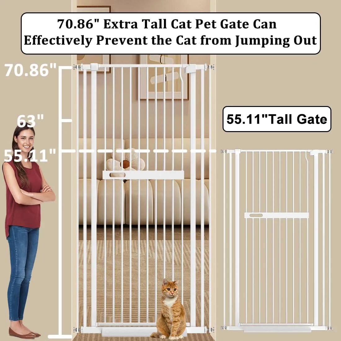 WAOWAO 71" Extra Tall Cat Pet Gate 29.92-61.42" Wide Pressure Mounted Walk Through Swing Auto Close Safety White Metal Dog Pet Puppy Cat for Indoor Stairs,Doorways