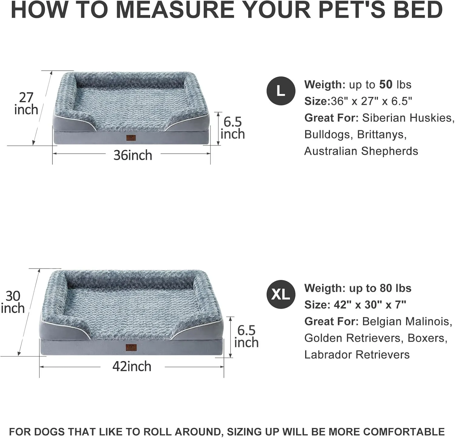WNPETHOME Dog Bed for Large Dogs, Washable Bolster Sofa With Waterproof Lining & Non-Skid Bottom, Orthopedic Egg Foam Couch for Pet Sleeping